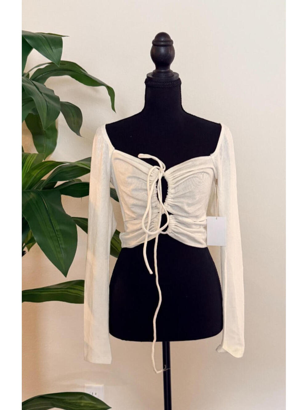 Nude Truth Long Sleeve Crop Top - Ruched Tie Front, Size Large